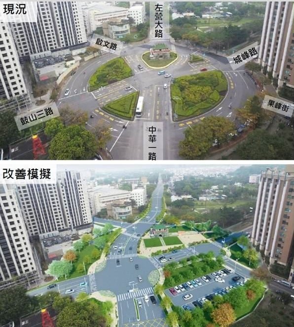 Above: Top image shows current “roundabout,” while bottom image shows what the intersection will look like soon. Photo Credit: Kaohsiung City Government